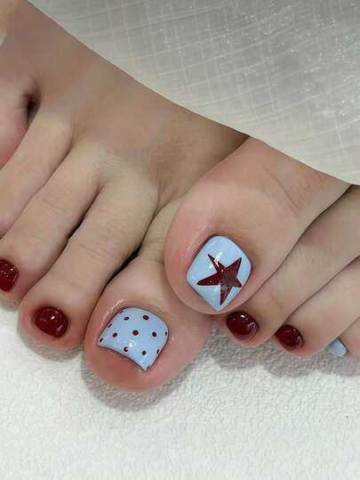 24pcs Short Square Elegant Sweet Chic Red Star Dotted Blue Nail Art Stickers, Blue & Burgundy Solid Color Full Cover Fake Toenails Set, Suitable For Women And Girls, Includes 1 Adhesive Sticker Sheet And 1 Mini Nail File, Random Delivery