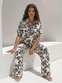 ZIAI 春季波西米亚风女装，夏季休闲复活节印花两件套上衣和裤子 - 黑色 - 查看 3