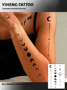 1张草本月亮图案防水防汗不反光临时纹身贴纸，设计精美，可持续长达2周，适用于腰部、胸部、腿部，日常、旅行、艺术装饰贴纸 - 黑色 - 查看 1