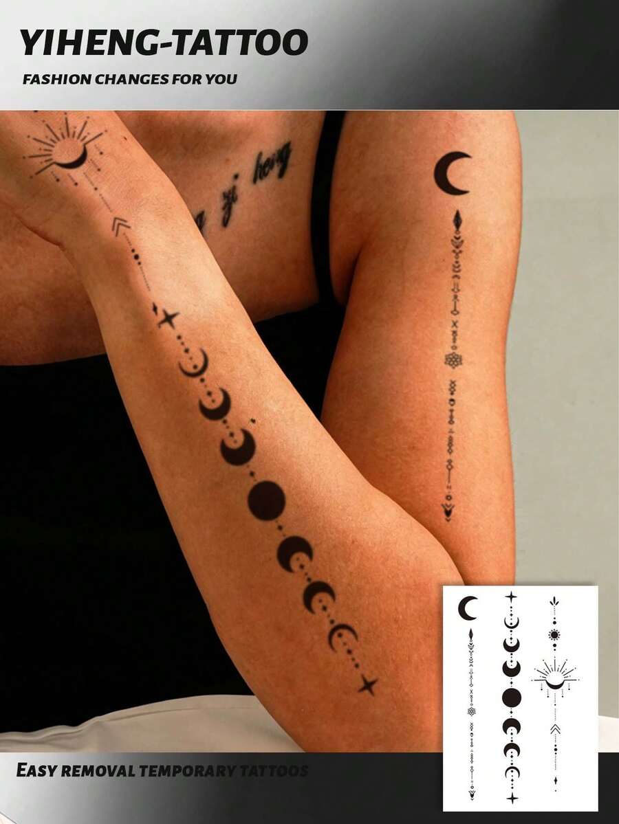 1张草本月亮图案防水防汗不反光临时纹身贴纸，设计精美，可持续长达2周，适用于腰部、胸部、腿部，日常、旅行、艺术装饰贴纸 - 黑色 - 查看 1