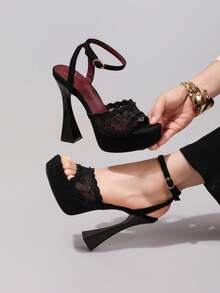 Fashionable Lace Embroidered Black High Heel Sandals, Open Toe Square Heel Wedge Slippers, High Platform Heels For Women, Sexy Party Shoes - Black - View 6