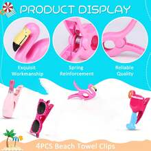4 Pcs Beach Towel Clips For Beach Chairs, Flamingo Shape Beach Towel Holders, Clothes Pins, Decorative Beach Clips, Colorful Towel Clips, Tablecloth Clips, Ideal For Cruise, Patio, Beach, Pool And Home Use - Multicolor - View 6