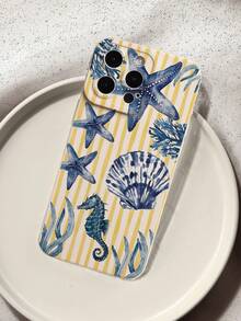 时尚贝壳海马图案液态硅胶手机壳，全方位保护，防震防摔，TPU软橡胶材质，兼容苹果手机 - 彩色 - 查看 1