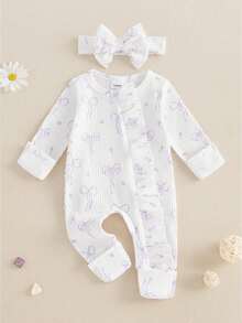 Baby Girl Spring Fall Winter Clothes Newborn Baby Girl Hospital Going Home Outfit Ribbed Footed Romper Bow Print Long Sleeve Full Length Ruffle Zipper Footie Jumpsuit Headband - 白色 - 查看 1