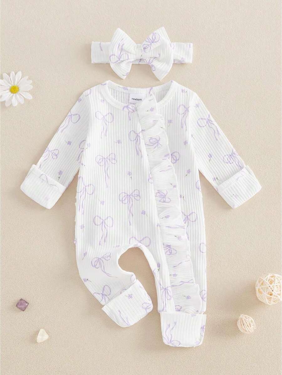 Baby Girl Spring Fall Winter Clothes Newborn Baby Girl Hospital Going Home Outfit Ribbed Footed Romper Bow Print Long Sleeve Full Length Ruffle Zipper Footie Jumpsuit Headband - 白色 - 查看 1