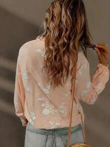 Hot Selling Retro Embroidery Ruffle Hem Floral & Leaf Print Buttoned Women Blouse, Daily Wear Spring - màu đen - Xem 9