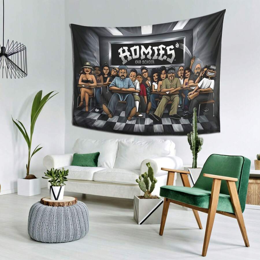 Homies In Classroom Illustration Tapestry - Vibrant Cartoon-Style Classroom Scene Wall Art, Durable Polyester Fabric For Dorm, Bedroom, Party & Team Decor - Graduation & Birthday Gift Idea, Dorm Room Decoration, Playful Design, Easy To Hang, Decorative Art, College Students, Highquality Print, Home Decorators - 1PC - 查看 1