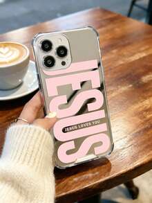 Pink "Jesus" Slogan Pattern Print Mirror Acrylic Anti-Fall Phone Case Compatible With IPhone 13/11/17/17pro/16/14/15/15pro/15 Plus/15 Promax/7plus/8plus/X/Xs Max/Xr/11pro/12pro/13pro/14pro/12mini/13mini/11promax/12promax/13promax/14promax/14plus/17pro Max/17Air/6/6s Plus/7/8/16Pro/16plus/16promax/Se2/17promax&Compatible With Samsung Galaxy/A54/A14/A12/A13/A15/A32/A33/A24/A52S/S20/S21/S22/S23/S24/S23Plus/S24ultra/S25/A15/A33/A23 - Multicolor - View 3