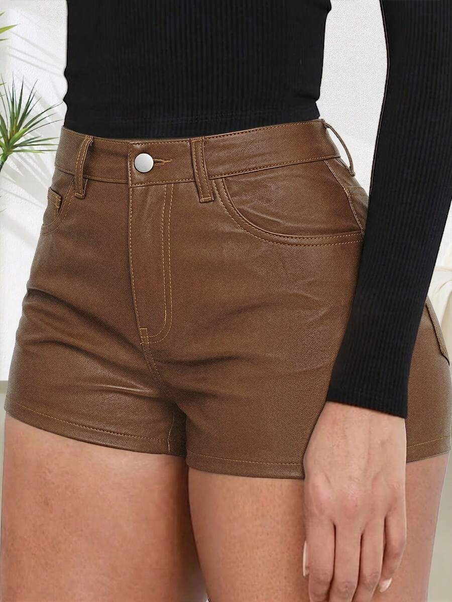 Summer Fashion Versatile Solid Color Slim Fit Shorts - Brown - View 1