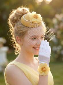 Set de 2 piezas: Sombrero fascinador con lazo de tul amarillo y cristales + Guantes con lazo para niñas y adolescentes, Set de 2 piezas: Minisom brero de tul beige, Accesorios para fotografía de boda, Decoración de boda, Accesorios para fotomatón de fiesta, Accesorios de boda, Corona floral, Corsage de muñeca, Conjunto para padres e hijos - Amarillo - Ver 8