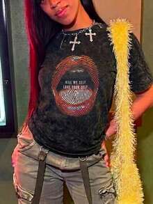 Comfortable All-Day Wear Acid Wash T-Shirt, Streetwear Regular Fit T-Shirt, Pinterest Style Avant-Garde Human Body Art Cross Print, Soft Washed-Effect Fabric - Black - View 3