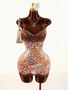 Amplova Lace Cup Detail Tropical Floral Mesh Bodycon Mini Dress Lace Trim Dress,Party Dress - Multicolor 2 - View 3