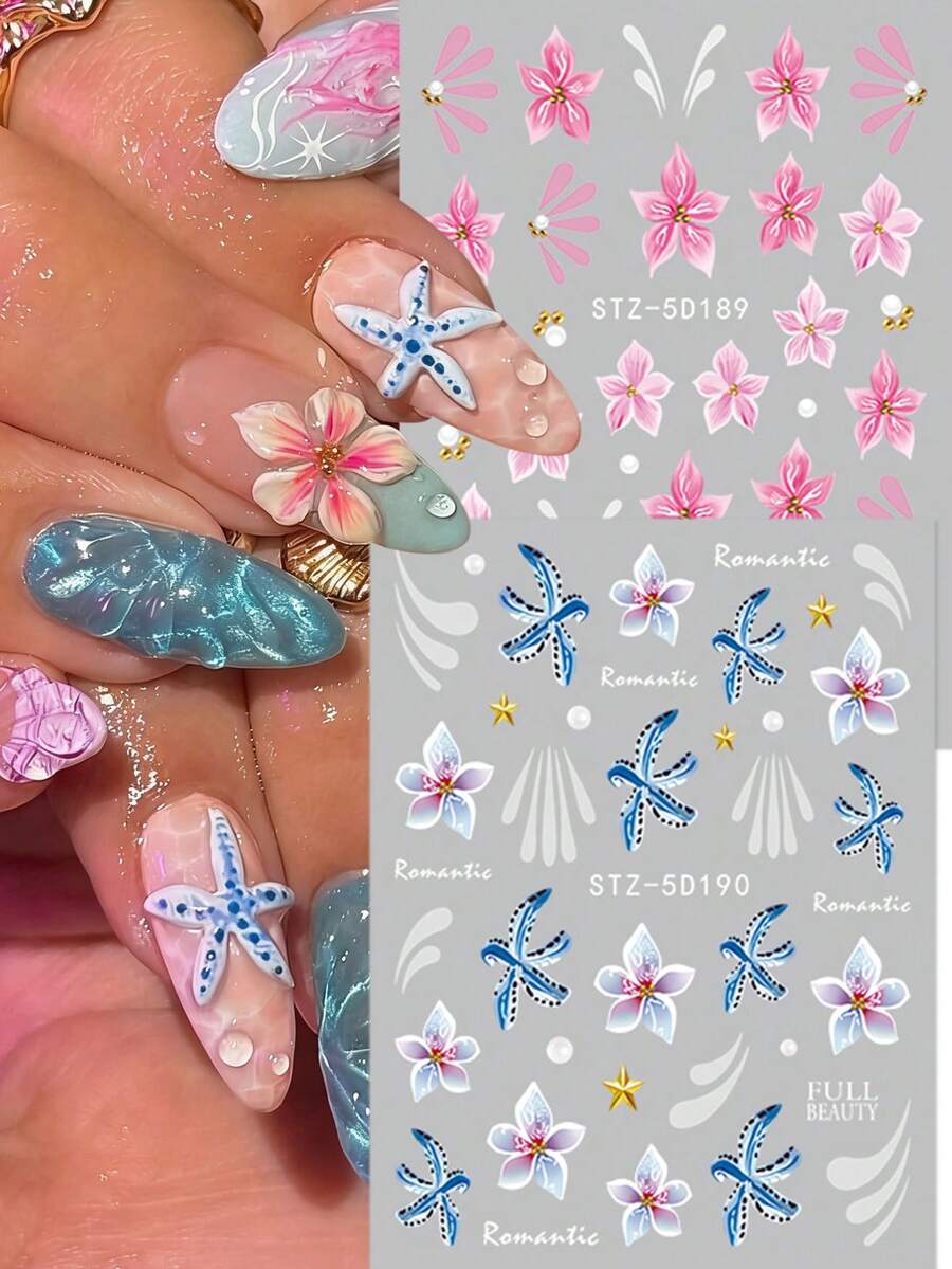 2片海洋蓝和粉色花卉美甲贴纸,包含海星、百合、山茶花、涟漪、气泡、珍珠、贝壳图案,浪漫春夏婚礼美甲DIY装饰,适合女性和女孩。 - 彩色 - 查看 1