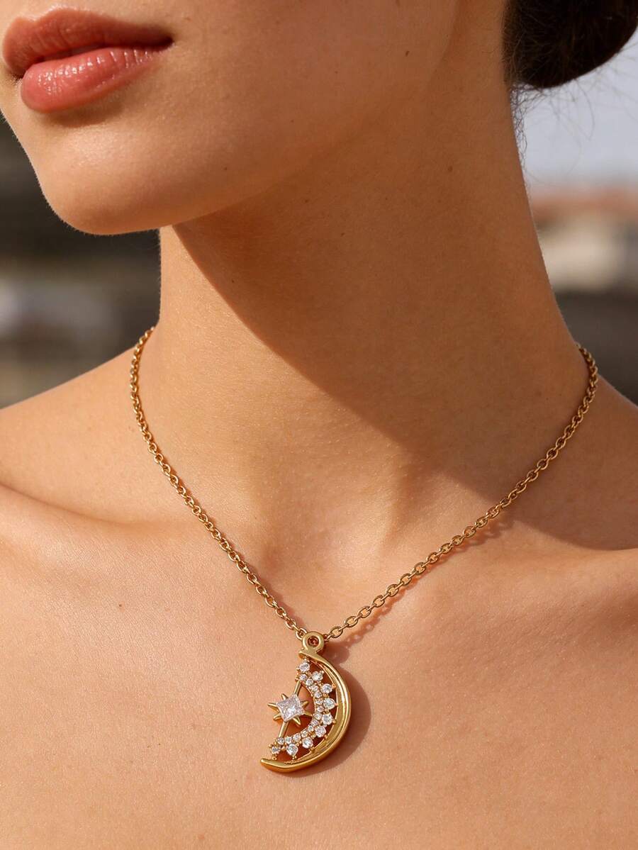 Fashion Minimalist Zirconia Necklace Oval Round Electroplated Pendant Necklace Copper Long Clavicle Necklace Jewelry - Yellow Gold - View 1