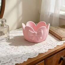 1pc Cream-Color Heart-Shaped Bow Storage Basket, Suitable For Storing Keys And Cosmetics At Entryway - A - View 2