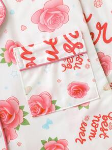 两件套浪漫玫瑰字母印花女士睡衣套装，高品质缎面面料，光滑舒适，宽松方便的纽扣长袖上衣和裤子，浪漫风格女士睡衣套装 - 粉色 - 查看 4