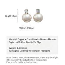 高品质手工耳环，纽扣珍珠耳环，925纯银镀层耳环，立方氧化锆，低过敏性珍珠耳环，新娘婚礼耳环，女士生日礼物 - 銀色 - 查看 5