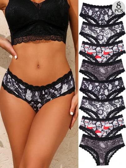  Dircho 8pcs/Set Sexy & Cute Gothic Style Contrast Lace Women's Low-Waist Panties, All-Over Printed Comfortable Silky Intimate Underwear, Women's Lingerie & Sexy Lingerie