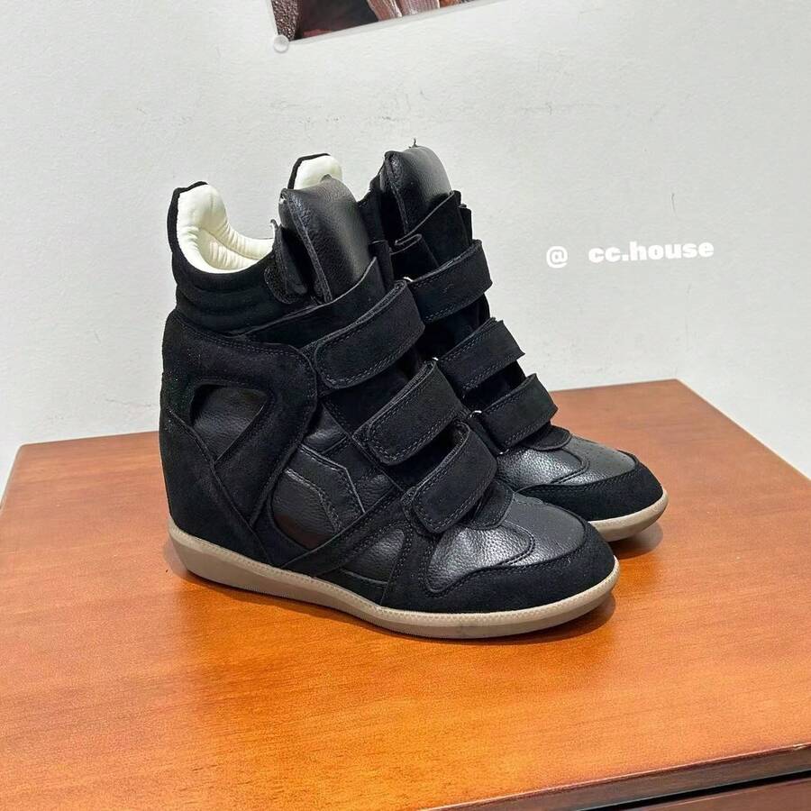 New 2026 Model Women's Shoes With 7cm Internal Height Increase, High-Top, Color-Blocked, Round-Toe, Flat-Soled Casual Shoes, Versatile Style, Women's Sneakers With Velcro Closure - 黑色 - 查看 1