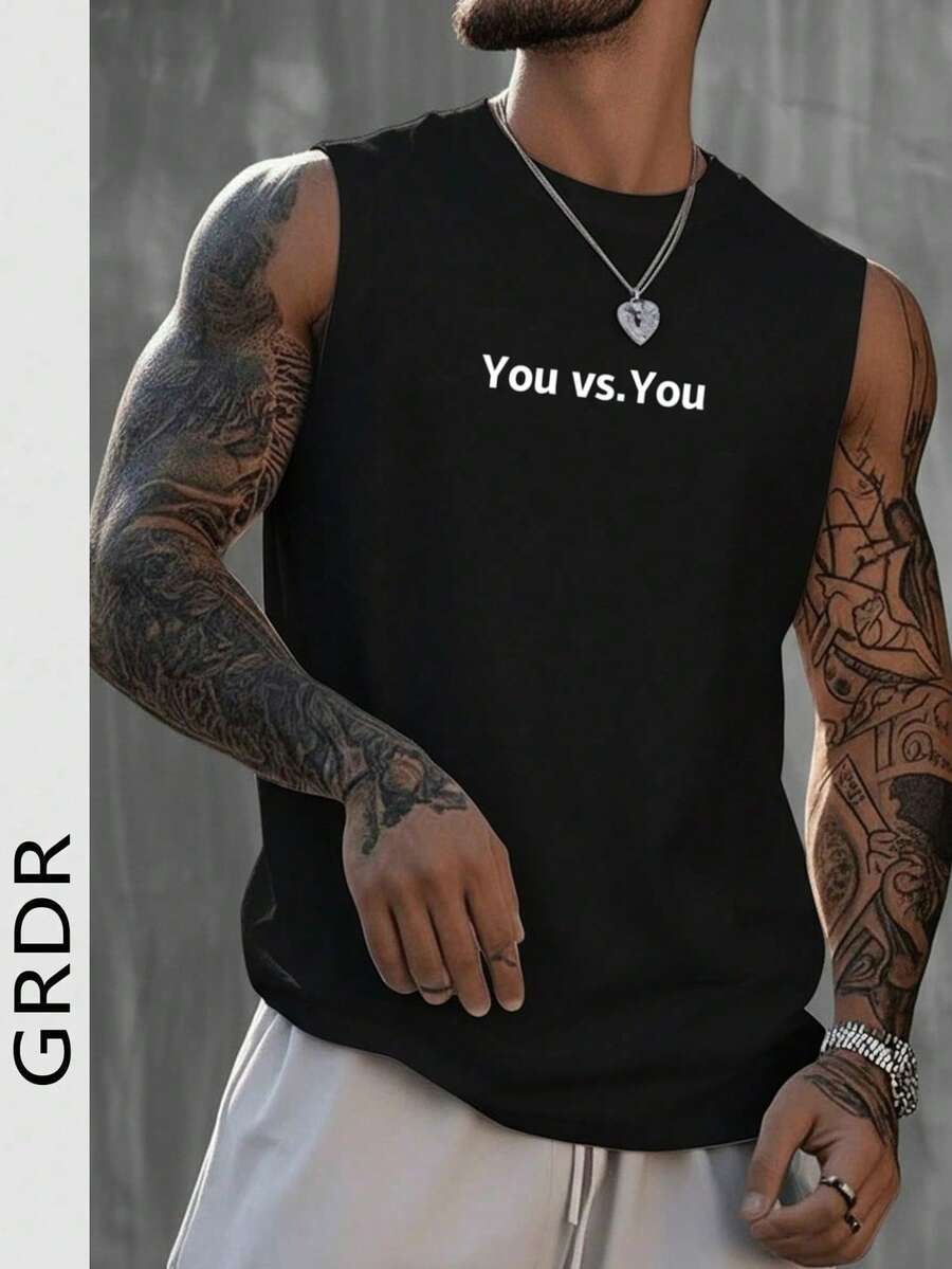 GRDR Men's Summer Casual Letter Print Sleeveless Round Neck Tank Top, Suitable For Sports, Fitness And Daily Wear - Black - View 1