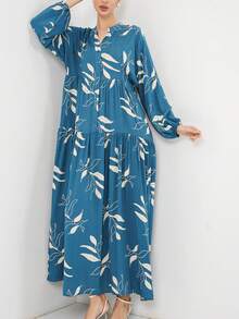 女士波西米亚风粉色碎花纽扣长袖A字连衣裙 - 藍色 - 查看 3