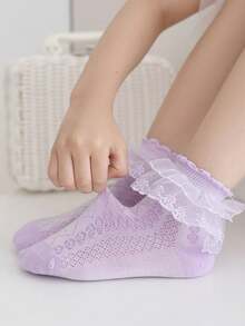 1 par de medias de media pantorrilla con doble capa de encaje y cordones para niñas, calcetines de malla transpirables para baile, cómodos y elegantes calcetines de princesa, estilo ligero para primavera y verano, adecuados para fiestas diarias y bailes, regalo para el Día de la Madre, colores aleatorios - Morado - Ver 5