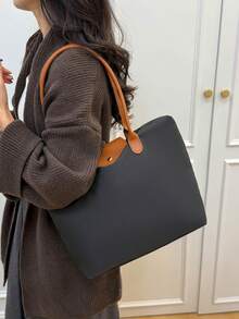 1 pieza Bolso de mano con solapa minimalista de poliéster, de gran capacidad con doble asa, adecuado para uso diario, casual, ir al trabajo, compras, escuela - Óxido marrón - Ver 4