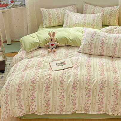 Bộ 4 món ga trải giường họa tiết hoa sọc ren vườn xuân, chất liệu microfiber mềm mại và thoáng khí, trang trí ấm cúng cho phòng ngủ và ký túc xá (1 ga trải giường + 1 ga phủ + 2 vỏ gối, không kèm ruột chăn, họa tiết vỏ gối được cắt ngẫu nhiên)