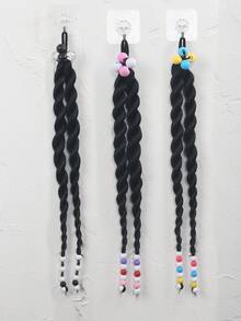 2 chiếc tóc giả buộc đuôi ngựa cho trẻ em, có hạt trang trí ở cuối, thiết kế dây buộc tóc co giãn cao, phụ kiện buộc tóc đuôi ngựa. - Màu đen tự nhiên - Xem 6
