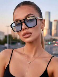 1 pieza Gafas de moda de mujer de plástico y metal con puente doble, estilo clásico aviador, de colores múltiples y talla grande, estilo hip hop retro casual, adecuadas para vacaciones, citas, conducir, acampar, fiestas y otras actividades al aire libre - Multicolor - Ver 6