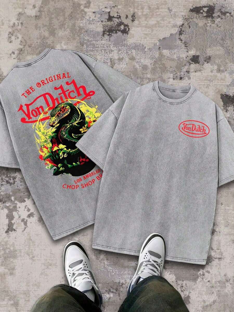 1pc Creative And Versatile, Von Dutch Brand Green Snake And Floral Illustration, Paired With Text "THE ORIGINAL Von Dutch", "LOS ANGELES CHOP SHOP BR", American Retro Motor Style, Light Gray Washed T-Shirt Base Men's And Women's T-Shirts, 230G Wash Cotton High-Quality Cotton Printed T-Shirts, Suitable For Street Retro And Outdoor Sports And Leisure, Y2K Style Outfit, Ball Sports T-Shirts, Perfect Gifts. Men's Clothing Shirts - 灰色 - 查看 1
