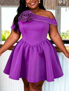 Plus Size Women's Purple Elegant A-Line Mini Dress With 3D Floral Asymmetric Neckline, Spring/Summer Cocktail Party Evening Gown - Purple - View 4