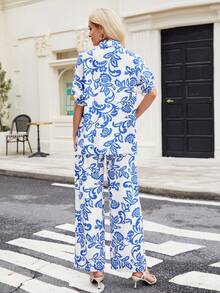 ZIAI Trang phục nữ phong cách Bohemian mùa xuân, bộ đồ 2 mảnh in họa tiết lễ Phục sinh thường ngày cho mùa hè dành cho nữ, áo và quần. - Màu xanh lam - Xem 9