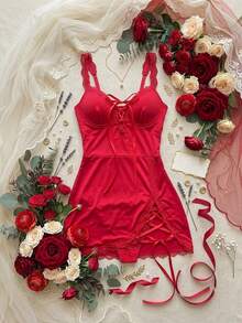 SOFUSEN 性感迷人的V领吊带修身连衣裙，独特迷人的紧身迷你裙，四季皆宜的派对居家连体裤，闺蜜装、旅行装、情人节必备 - 酒紅色 - 查看 1