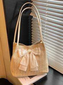 Solid Color PU Leather Bow Decor Lightweight Fashionable Women's Large Capacity Shoulder Bag, Elegant Lady Handbag - White - View 8