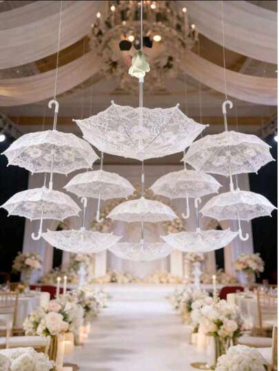 1件/5件/10件装/手工刺绣白色蕾丝，营造梦幻氛围。适用于派对和婚礼摄影餐桌布置、创意物品、道具、摩托车遮阳伞、派对/婚礼/摄影道具/舞蹈表演便携式雨伞、摄影道具。