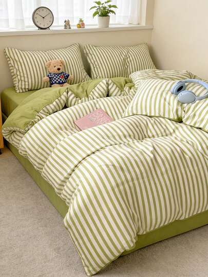 Juego de ropa de cama a rayas verdes minimalista de 3 piezas (1 funda nórdica + 2 fundas de almohada), rayas verdes lindas, estilo japonés, lavable, fibra sintética, esquinas ajustadas, sin edredón y sin inserto de almohada, tamaño individual/doble/queen