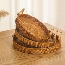 Cesta de almacenamiento con asa y correa de ratán, bandeja redonda para pan, aperitivos y frutas, cesta de almacenamiento tejida para Picnic - L - Ver 1