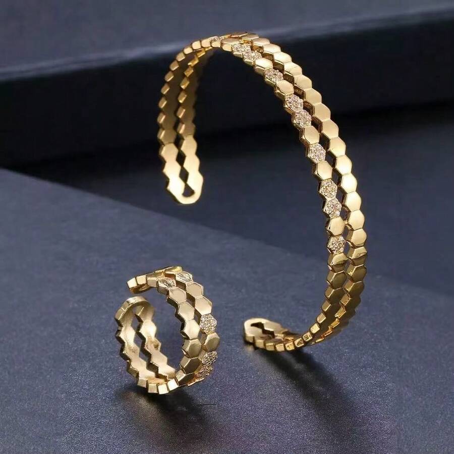 Bộ nhẫn và vòng tay nữ thiết kế hình tổ ong thời trang, đính đá Cubic Zirconia, thích hợp đeo hàng ngày, quà tặng dịp Eid Al-Fitr & Eid Al-Adha. - Vàng - Xem 1