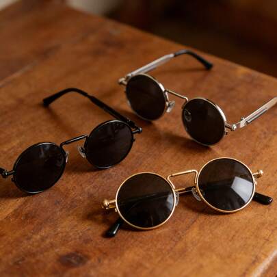 1 Pair Unisex Retro Black Round Frame Sunglasses, UV400 Protection, Steampunk Style, Suitable For Street Photography