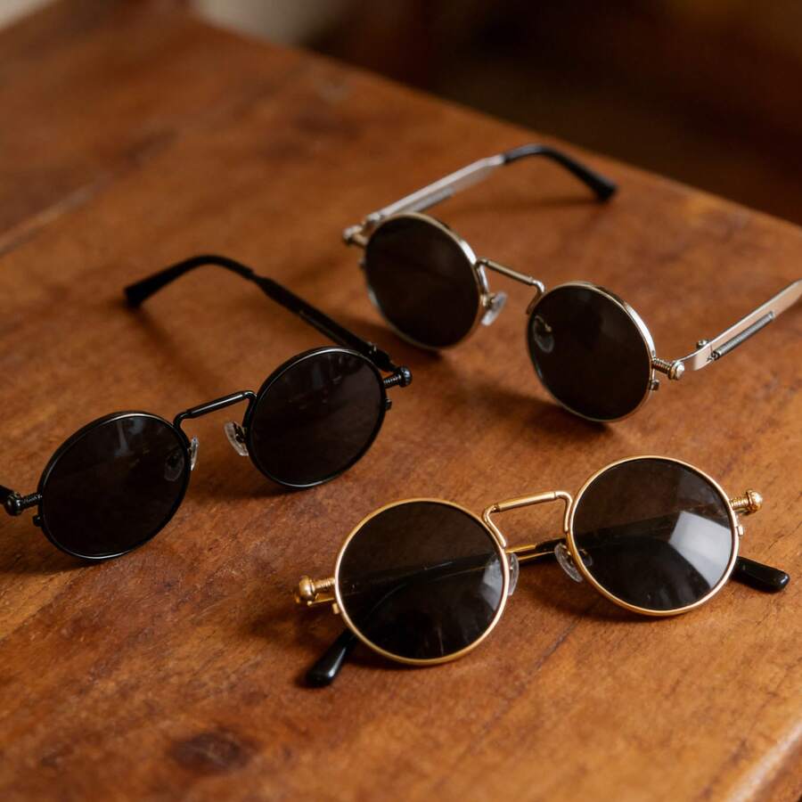 一副男女通用复古黑色圆框太阳镜，UV400防护，蒸汽朋克风格，适合街头摄影 - 彩色 - 查看 1