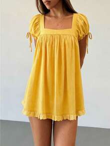 Womens Square Neck Blouse Short Sleeve Babydoll Ruffle Tops Dress Oversized Cute Peplum Casual Top Y2K Lace Trim Ruffle Flowy Dresses - Nghệ - Xem 2
