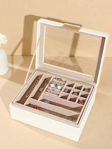 双层皮革首饰盒，带透明窗口，现代风格，适合女性/女孩的首饰礼盒，带可拆卸托盘 - 彩色 - 查看 8