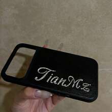 Funda de teléfono de cuero PU personalizada con letra de nombre de strass, textura de litchi, adecuada para iPhone 17 Pro Max, 17, 16, 15, 14, 13, 12 Pro Max, funda de teléfono antideslizante - Negro - Ver 6