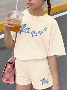 2件套少女休闲杏色短袖T恤+短裤套装，彩色海龟印花，童装 - 杏色 - 查看 2