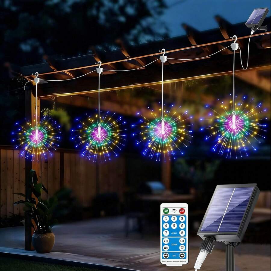 4pcs Solar Hanging Firework Lights 480 LED Solar Powered Outdoor Sparkling Starburst Sphere Lights 8 Modes Fairy Light For Patio - màu sắc - Xem 1