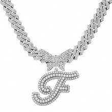 14mm Cuban Link Crystal Butterfly Letter Name Pendant Necklace, Sparkling Paved Rhinestone Cursive Letter Hip Hop Jewelry, New Arrival - Necklace - View 12