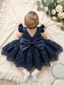 Cute Baby Girl Casual Minimalist Navy Blue Round Neck Sleeveless Backless Detachable Bow Tie Dress, Suitable For Birthday Party, Banquet, Performance, Wedding, Prom, Christening, Opening Ceremony And Other Occasions. Suitable For Baby Girls' Daily Wear, School, Travel, Vacation. - 寶藍色 - 查看 4