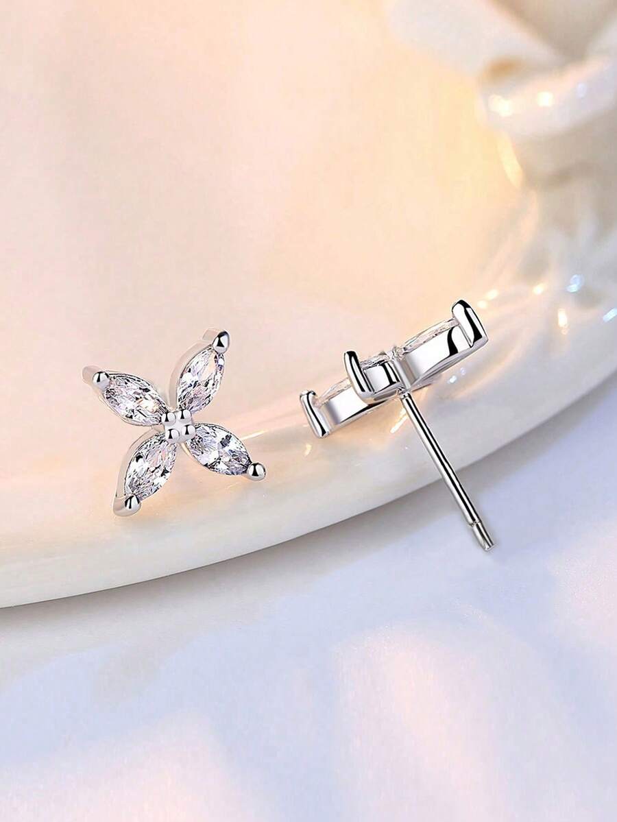 1 par de aretes de flor de circonita transparente lindos, adecuados para el atuendo de boda de las mujeres, joyería nupcial de cristal brillante de moda - Plateado - Ver 1