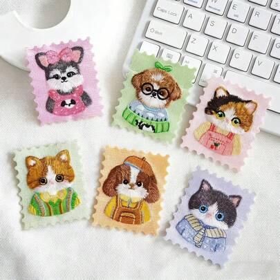 6 Stücke bestickte Patch Abzeichen, Aufkleber Rückseite Patches für Kleidung, Hüte, Jacken, DIY Cartoon Katze Hund quadratisches besticktes Patch Set, geeignet für Handyhüllen, Taschen und Kleidung Dekoration